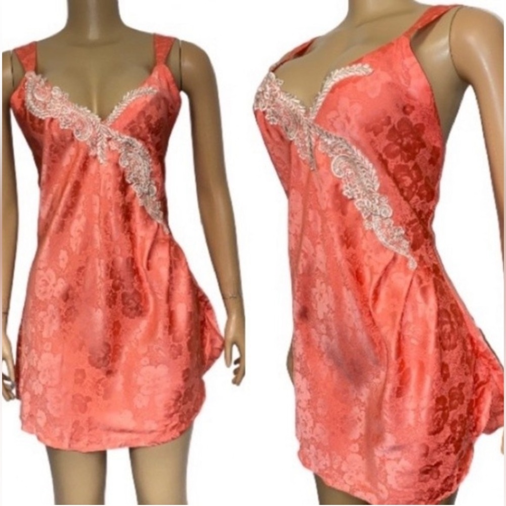 Vintage Victoria's Secret Gold Label Satin Chemise Slip dress coral lace size L